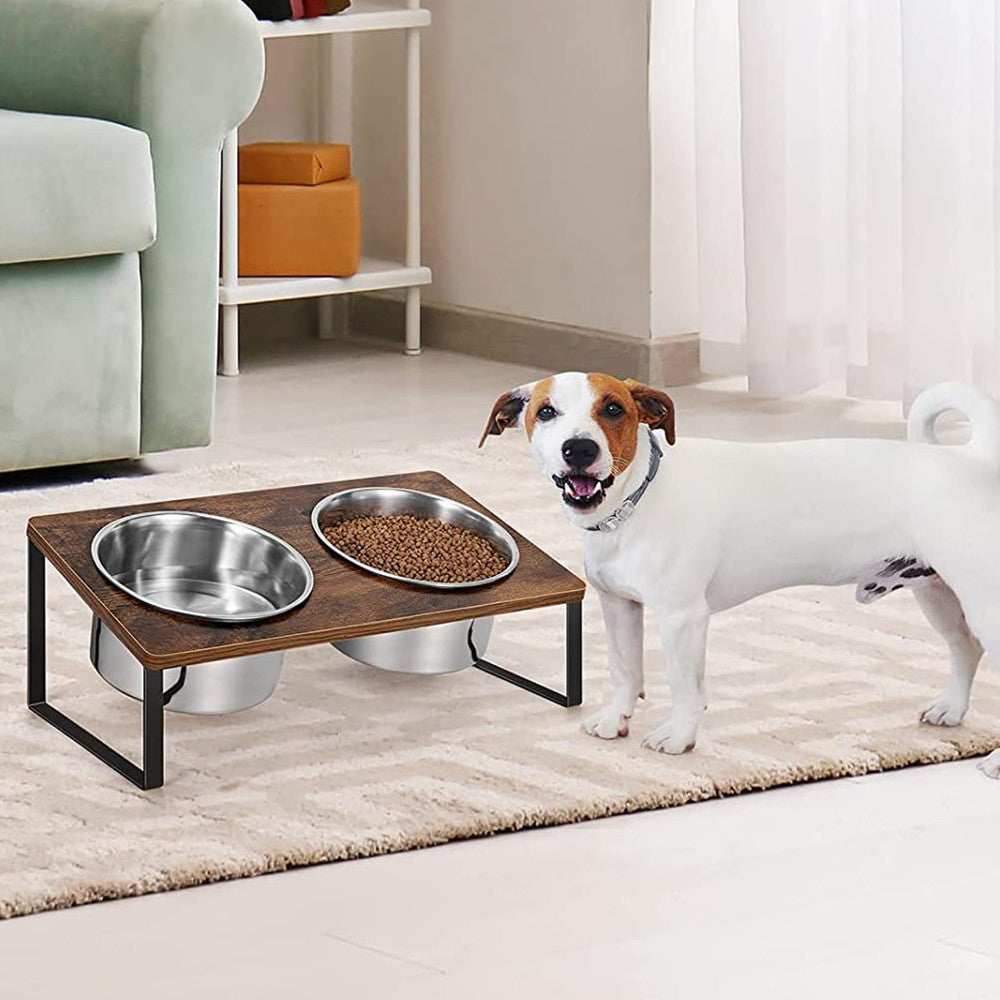 Pet Feeding Rack Iron and Wood Elevated Bowl Stand