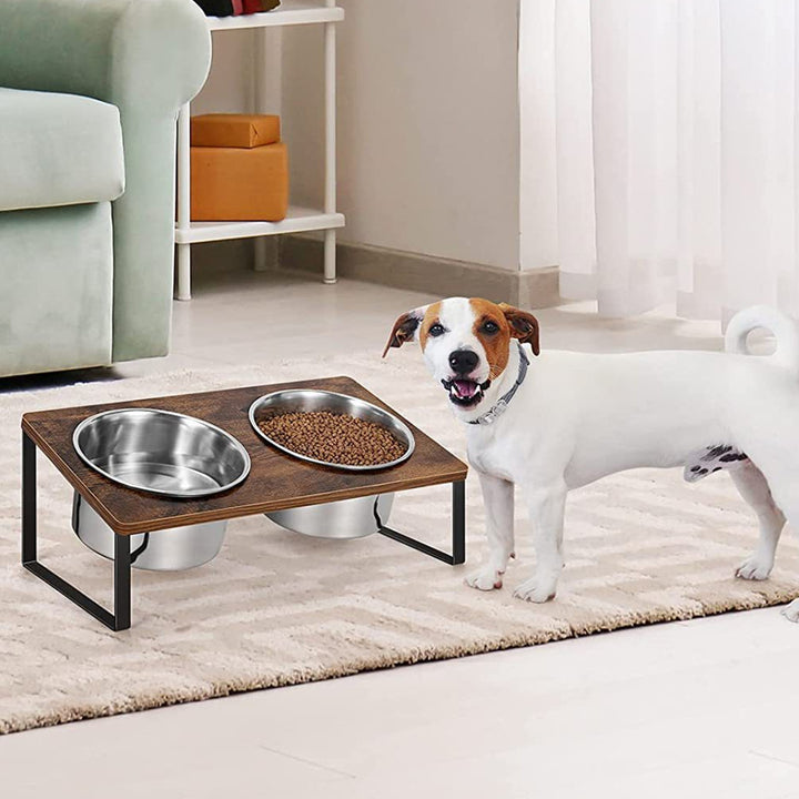 Pet Feeding Rack Iron and Wood Elevated Bowl Stand