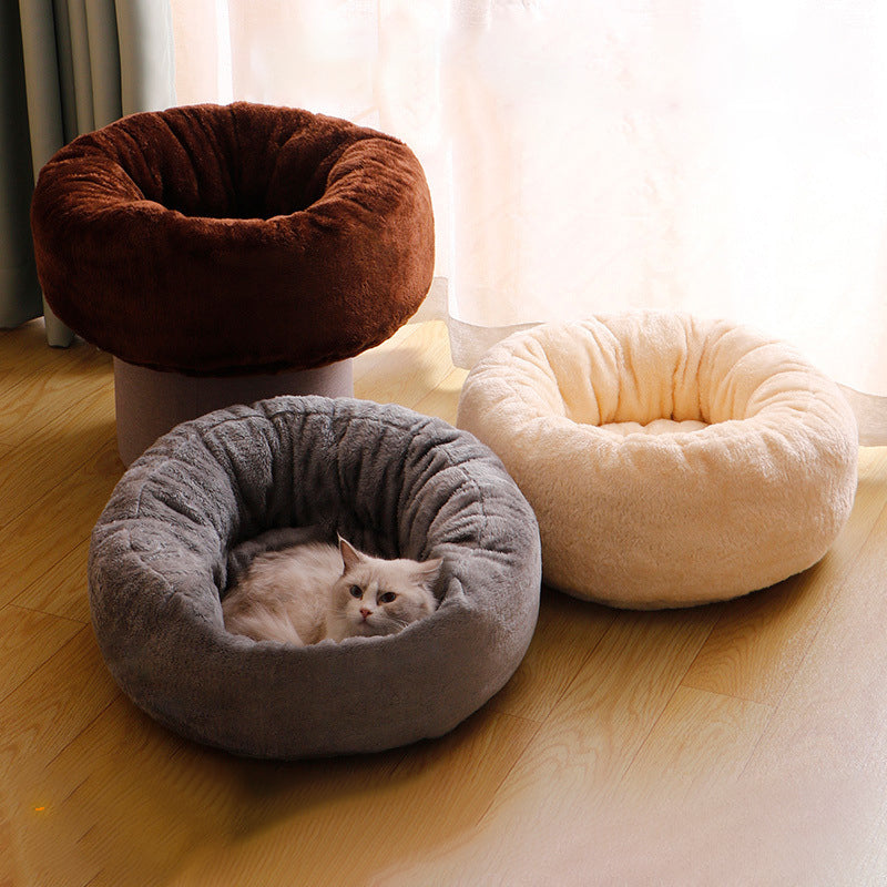Plush Donut Pet Bed Soft Round Fluffy Warm Cushion