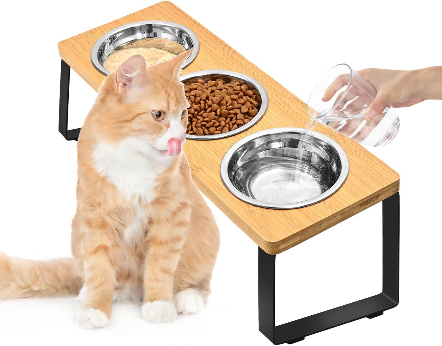 Pet Feeding Rack Iron and Wood Elevated Bowl Stand