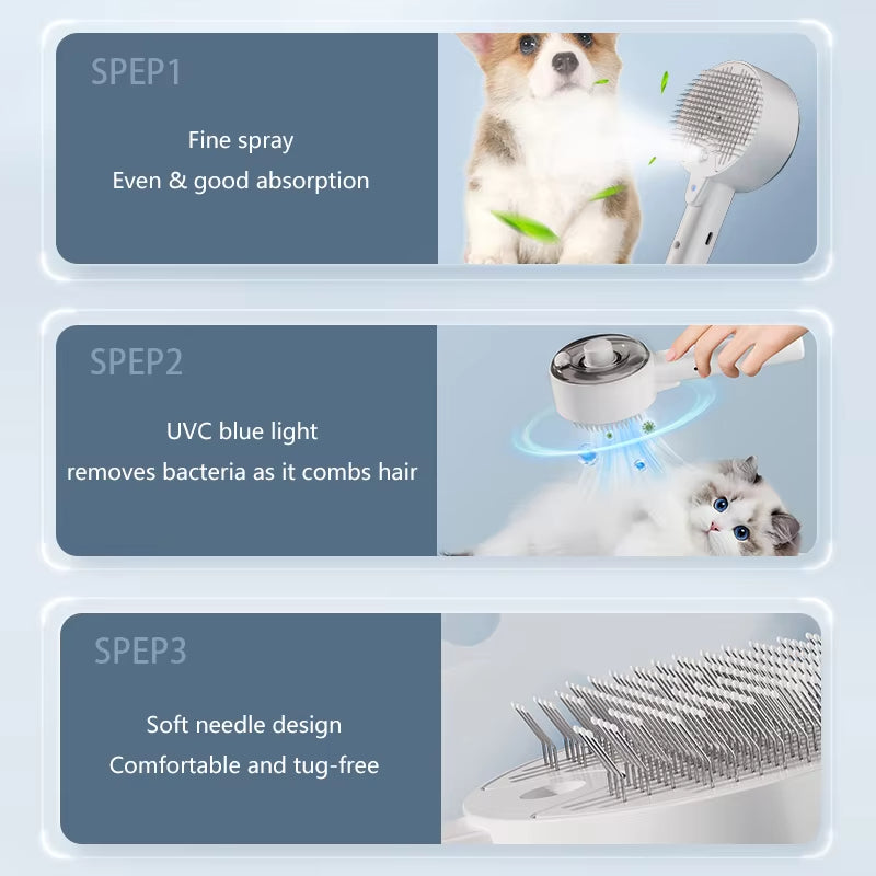 3-in-1 Electric Steam Brush Pet Grooming Tool With Massage