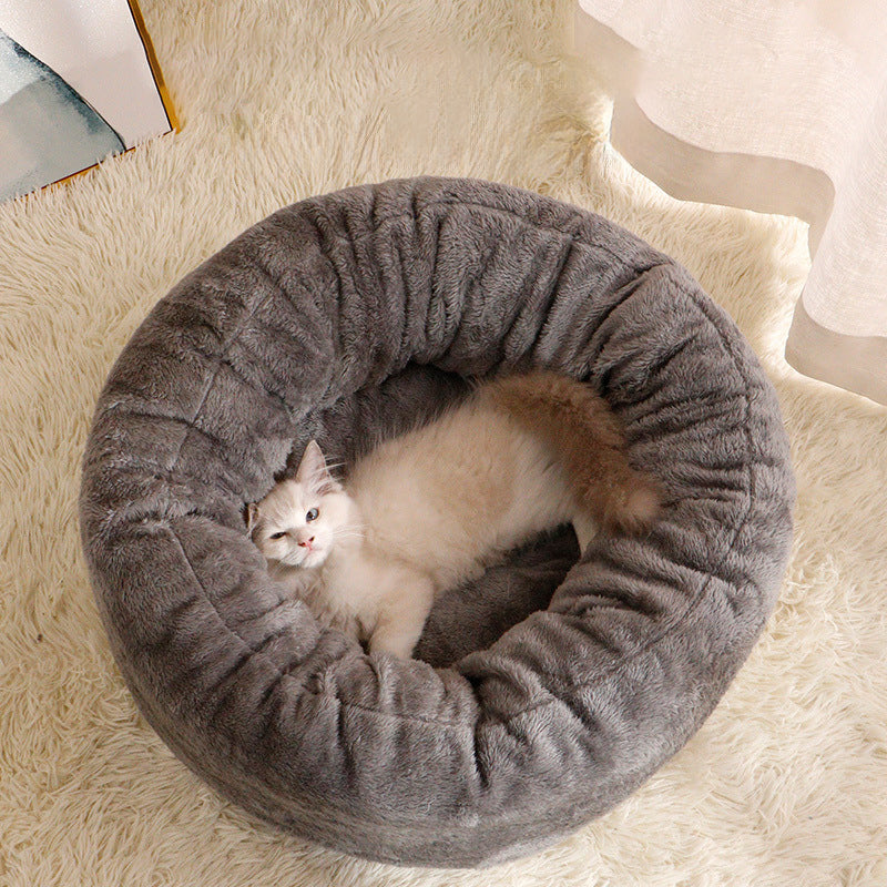 Plush Donut Pet Bed Soft Round Fluffy Warm Cushion