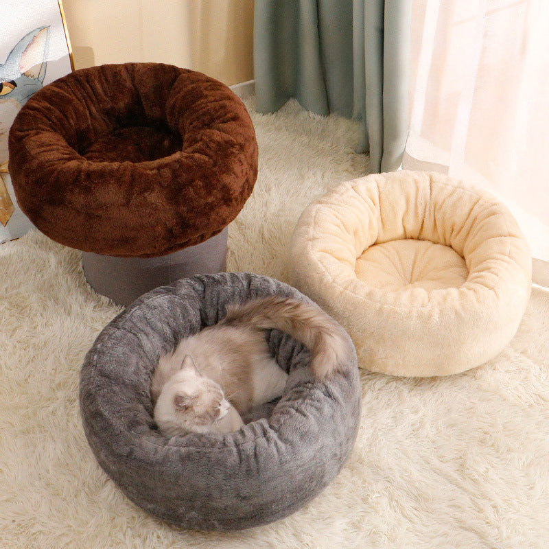 Plush Donut Pet Bed Soft Round Fluffy Warm Cushion
