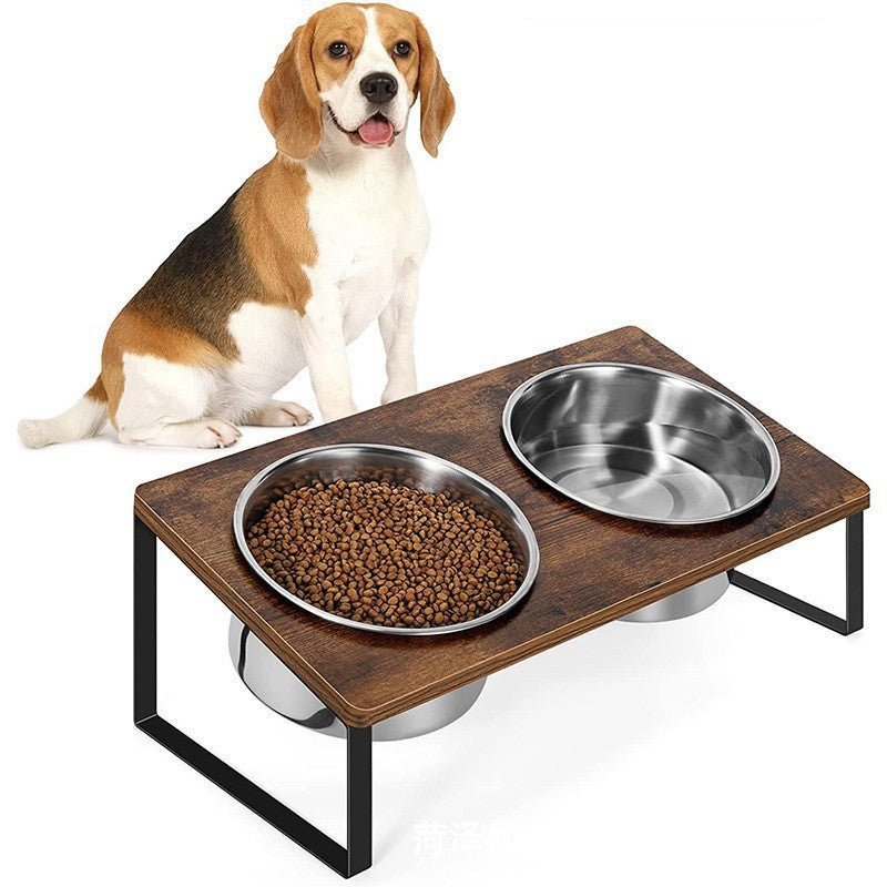 Pet Feeding Rack Iron and Wood Elevated Bowl Stand