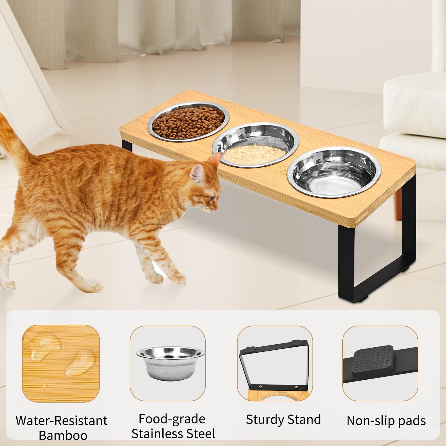 Pet Feeding Rack Iron and Wood Elevated Bowl Stand